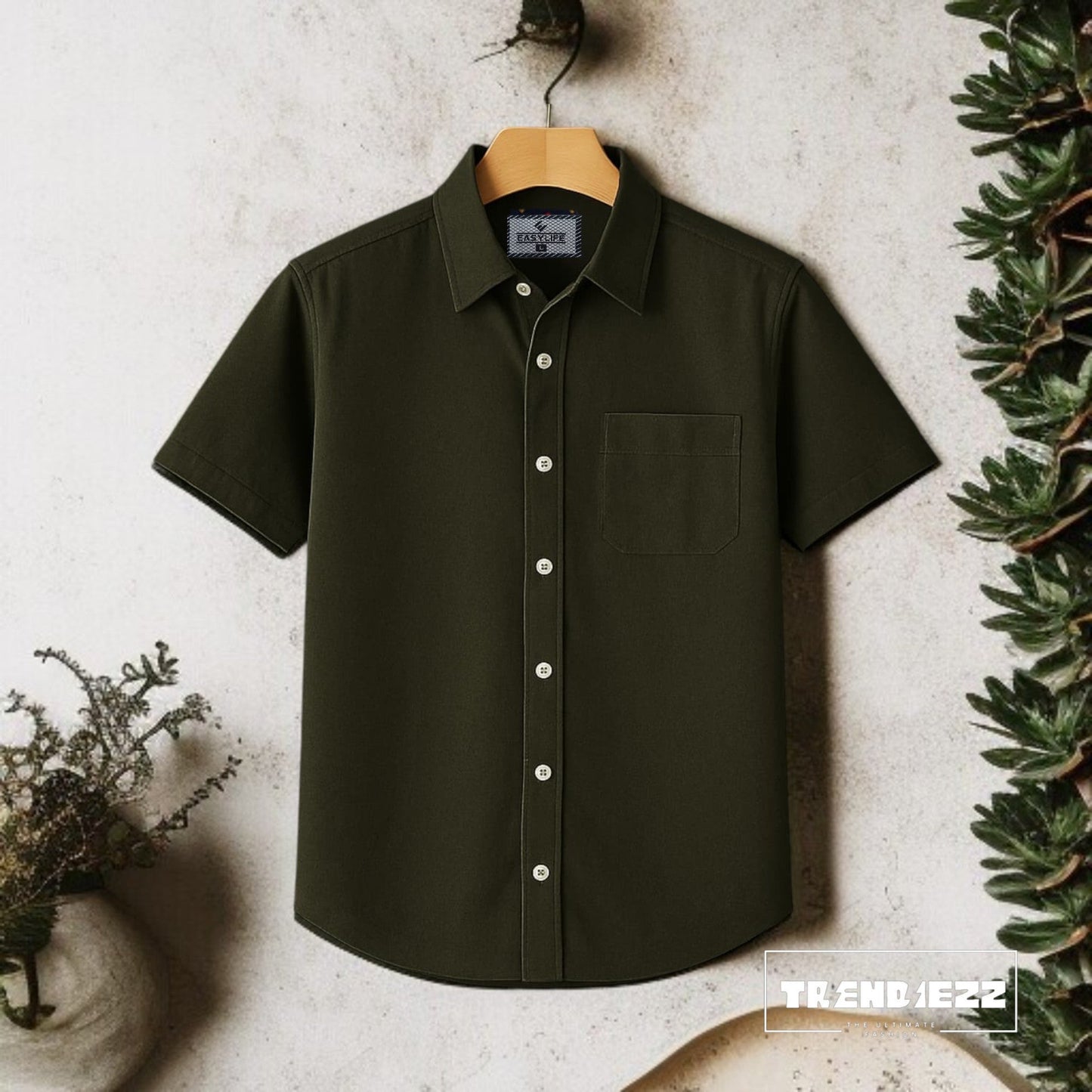 Half Sleeve Cotton Shirt-Olive