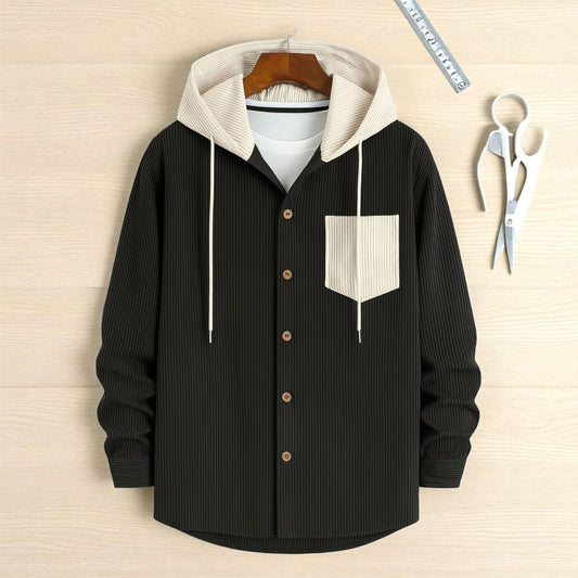 Men's Jackets Corduroy Hooded Shirt - Black